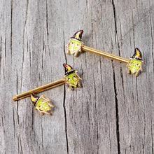Load image into Gallery viewer, 14G 9/16 Gold Tone Witch Halloween Barbell Nipple Ring Set