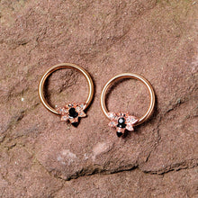 Load image into Gallery viewer, 14G 9/16 Black Clear Gem Rose Gold Tone Bee BCR Nipple Ring Set