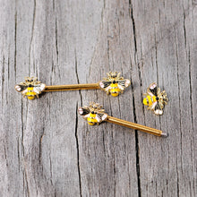 Load image into Gallery viewer, 14G 9/16 Gold Tone Yellow Pink Bee Barbell Nipple Ring Set