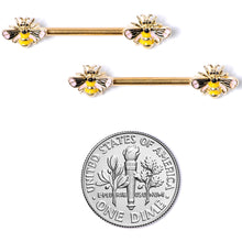 Load image into Gallery viewer, 14G 9/16 Gold Tone Yellow Pink Bee Barbell Nipple Ring Set