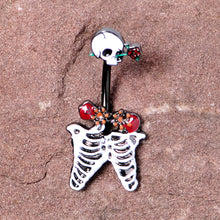 Load image into Gallery viewer, Black Skeleton Skull Rose Halloween Double Mount Belly Ring