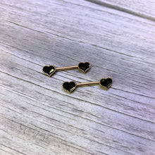 Load image into Gallery viewer, 14G 9/16 Rose Gold Tone Black Heart Barbell Nipple Ring Set