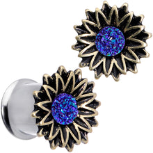 Load image into Gallery viewer, Blue Faux Druzy Sunburst Flower Double Flare Plug Set 2G to 1"