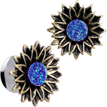 Load image into Gallery viewer, Blue Faux Druzy Sunburst Flower Double Flare Plug Set 2G to 1"