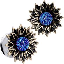 Load image into Gallery viewer, Blue Faux Druzy Sunburst Flower Double Flare Plug Set 2G to 1"