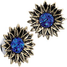 Load image into Gallery viewer, Blue Faux Druzy Sunburst Flower Double Flare Plug Set 2G to 1"