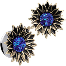 Load image into Gallery viewer, Blue Faux Druzy Sunburst Flower Double Flare Plug Set 2G to 1"