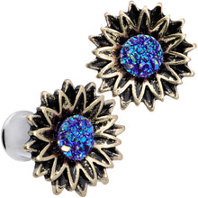 Load image into Gallery viewer, Blue Faux Druzy Sunburst Flower Double Flare Plug Set 2G to 1"