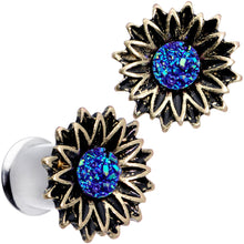 Load image into Gallery viewer, Blue Faux Druzy Sunburst Flower Double Flare Plug Set 2G to 1"
