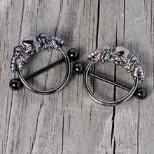 Load image into Gallery viewer, 14G 7/8 Aurora Gem Black Winged Skull Halloween Nipple Shield Set