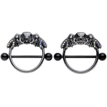 Load image into Gallery viewer, 14G 7/8 Aurora Gem Black Winged Skull Halloween Nipple Shield Set