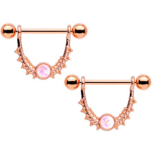 Load image into Gallery viewer, 14G 9/16 White Faux Opal Rose Gold Tone Dangle Nipple Ring Set