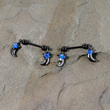Load image into Gallery viewer, 14G 9/16 Blue Gem Star Moon Dangle Nipple Ring Set
