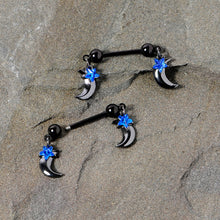 Load image into Gallery viewer, 14G 9/16 Blue Gem Star Moon Dangle Nipple Ring Set