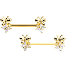 Load image into Gallery viewer, 14G 5/8 Clear CZ Gem Gold Tone Butterfly Barbell Nipple Set