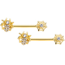 Load image into Gallery viewer, 14G 5/8 Clear Gem Gold Tone Spider Web Barbell Nipple Ring Set