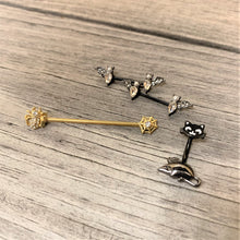 Load image into Gallery viewer, 14G 9/16 Clear Gem Black Bat Halloween Barbell Nipple Ring Set