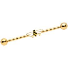 Load image into Gallery viewer, 14G Gold Tone Black White Striped Bee Industrial Barbell 38mm