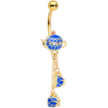 Load image into Gallery viewer, Gold Tone Blue Teacups Teapot Dangle Belly Ring