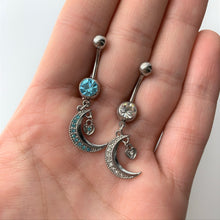 Load image into Gallery viewer, Aqua CZ Gem Heart Padlock Crescent Moon Dangle Belly Ring
