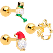 Load image into Gallery viewer, 16G 1/4 Clear Gem Gold Tone Christmas Cartilage Earring Set of 3