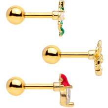 Load image into Gallery viewer, 16G 1/4 Clear Gem Gold Tone Christmas Cartilage Earring Set of 3