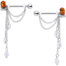 Load image into Gallery viewer, 14G 9/16 Clear Orange Gem Pineapple Dangle Nipple Ring Set