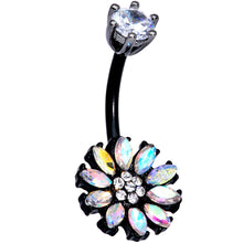Load image into Gallery viewer, Clear Aurora CZ Gem Black Plated Flower Belly Ring