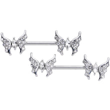 Load image into Gallery viewer, 14G 9/16 Clear CZ Gem Drama Butterfly Barbell Nipple Ring Set