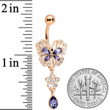 Load image into Gallery viewer, Purple Gem Rose Gold Tone Lacy Butterfly Flower Drop Dangle Belly Ring