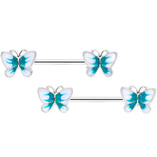 Load image into Gallery viewer, 14G 9/16 White Green Butterfly Barbell Nipple Set