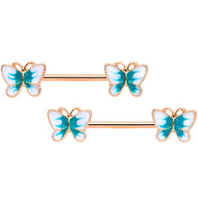 Load image into Gallery viewer, 14G 9/16 Rose Gold Tone White Green Butterfly Barbell Nipple Set