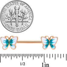 Load image into Gallery viewer, 14G 9/16 Rose Gold Tone White Green Butterfly Barbell Nipple Set