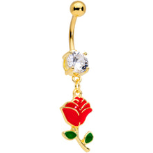 Load image into Gallery viewer, Clear Gem Gold Tone Valentines Day Red Rose Dangle Belly Ring