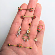 Load image into Gallery viewer, 14G 9/16 Gold Tone Poinsettia Christmas Barbell Nipple Ring Set