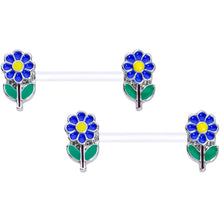 Load image into Gallery viewer, 14G 9/16 Clear Bioplast Blue Hippie Flower Barbell Nipple Ring Set
