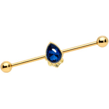 Load image into Gallery viewer, 14G Blue Gem Gold Tone Noble Drop Industrial Barbell 38mm