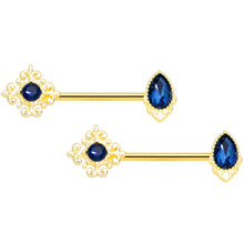 Load image into Gallery viewer, 14G 9/16 Blue Gem Gold Tone Noble Barbell Nipple Ring Set