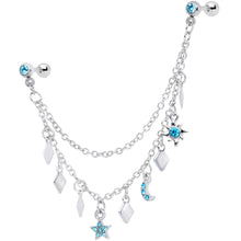 Load image into Gallery viewer, 16G 1/4 Aqua Gem Moon Star Sun Dangle Cartilage Chain Earring