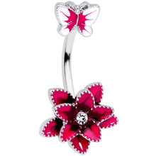 Load image into Gallery viewer, Clear Gem Pink Flower Butterfly Double Mount Belly Ring