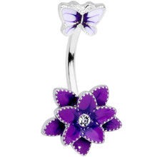 Load image into Gallery viewer, Clear Gem Purple Flower Butterfly Double Mount Belly Ring