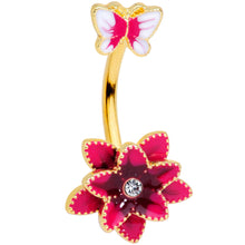 Load image into Gallery viewer, Clear Gem Gold Tone Pink Flower Butterfly Double Mount Belly Ring