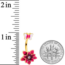 Load image into Gallery viewer, Clear Gem Gold Tone Pink Flower Butterfly Double Mount Belly Ring