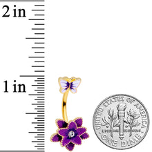 Load image into Gallery viewer, Clear Gem Gold Tone Purple Flower Butterfly Double Mount Belly Ring