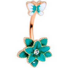 Load image into Gallery viewer, Clear Gem Rose Gold Tone Blue Flower Butterfly Double Mount Belly Ring