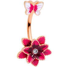 Load image into Gallery viewer, Clear Gem Rose Gold Tone Pink Flower Butterfly Double Mount Belly Ring