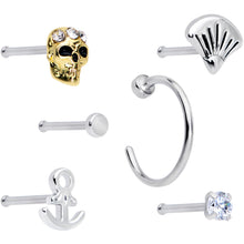 Load image into Gallery viewer, 20G 1/4 5/16 Clear CZ Gem Shell Nautical Hoop Nose Bone Set of 6