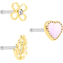 Load image into Gallery viewer, 20G 1/4 Clear Gem Pink Heart Flower Feather Nose Bone Set of 3