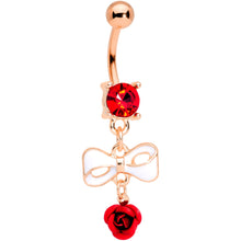 Load image into Gallery viewer, Red Gem Rose Gold Tone Bow Rose Flower Dangle Belly Ring
