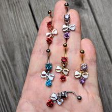 Load image into Gallery viewer, Red Gem Gold Tone Bow Rose Flower Dangle Belly Ring